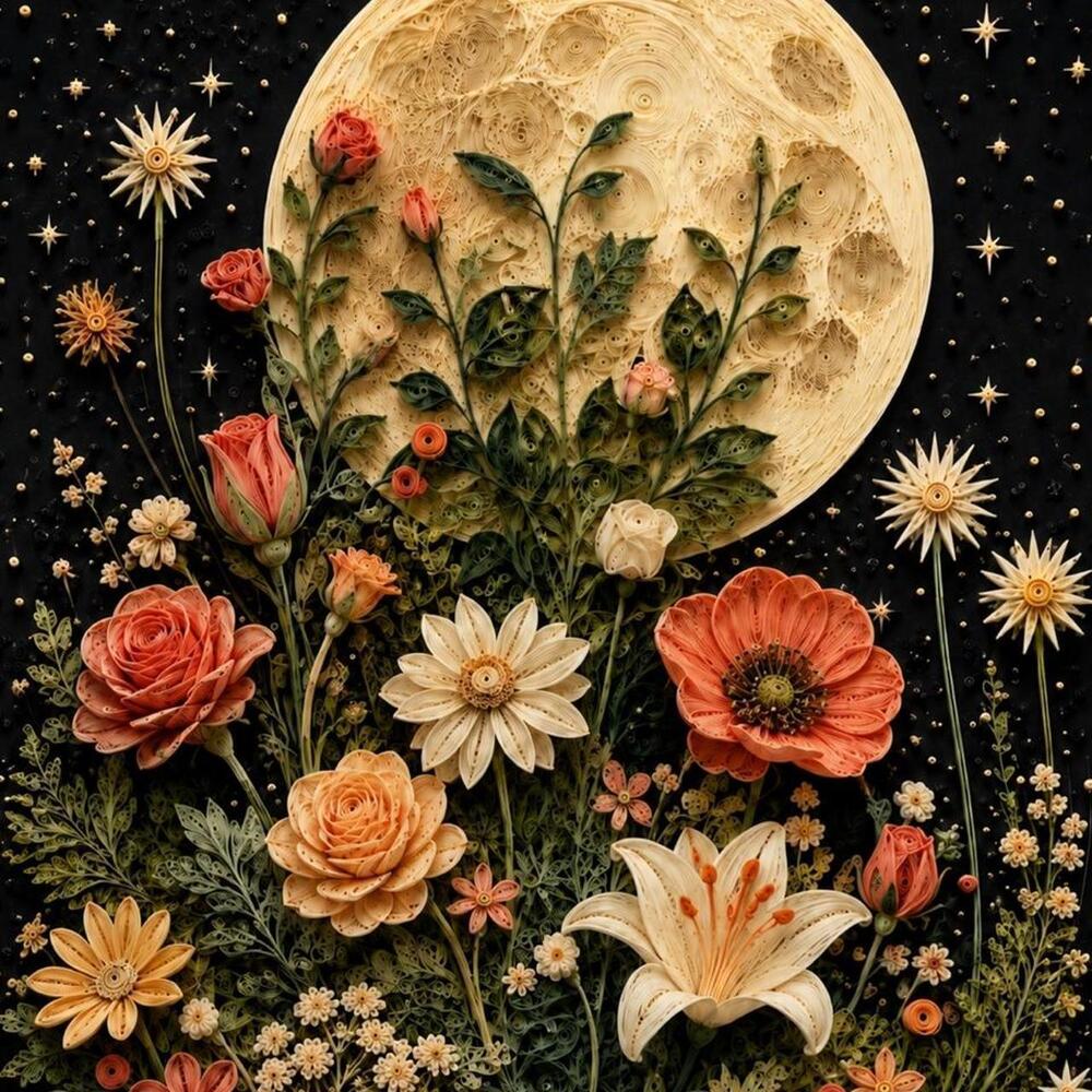 8x10 Framed Quilled Moonlit Floral Bouquet Art Print